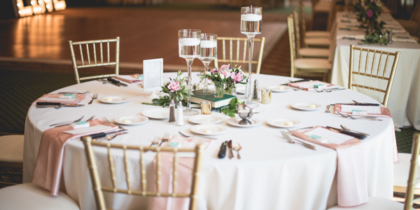 Summer wedding reception tables set up at The Lodge at Geneva-on-the-Lake